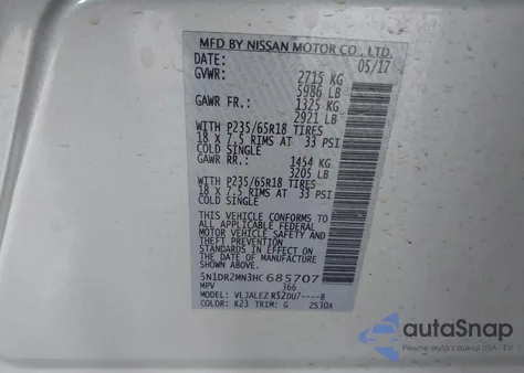 2017 Nissan Pathfinder Sv z USA, uszkodzony, nr VIN 5N1DR2MN3HC685707